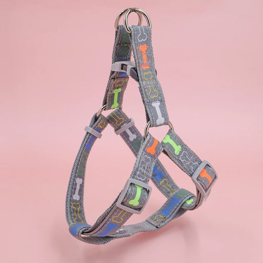 A colorful bone tripod pet dog harness for indoor and outdoor use