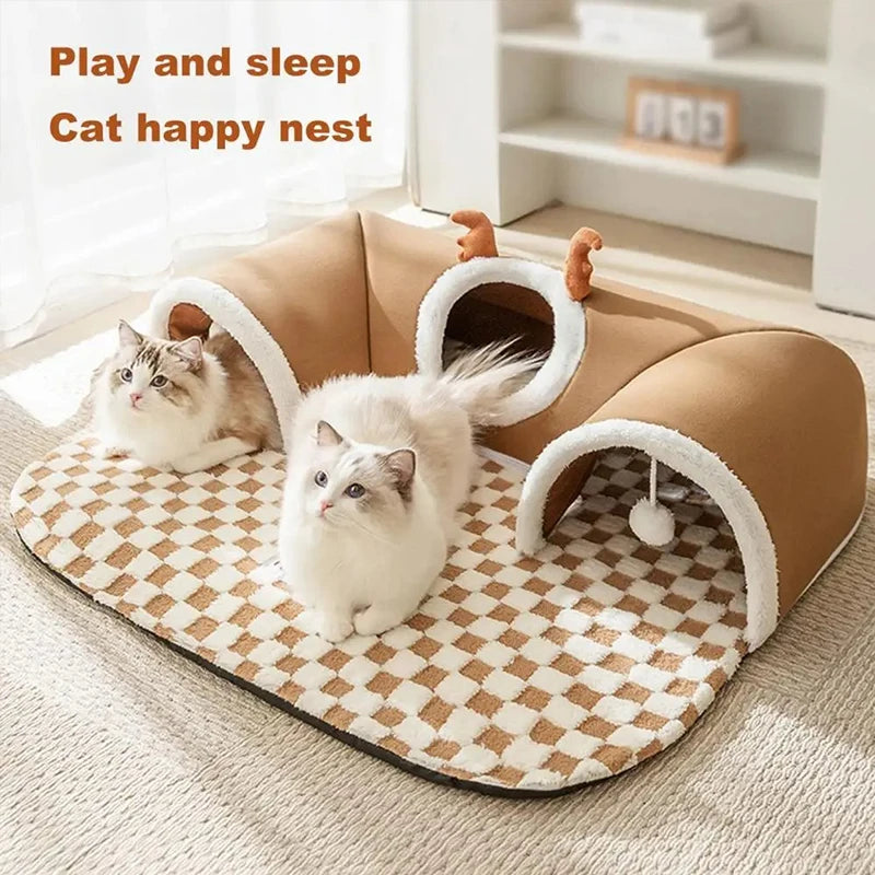 Winter Indoor Warm Plush Cat Bed with Reindeer Appearance Hide