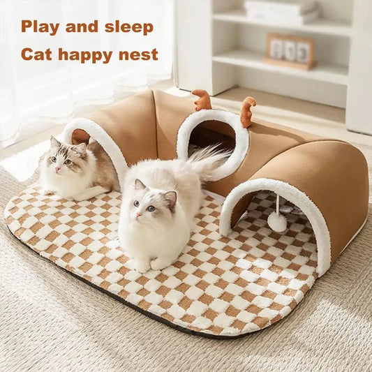 Winter Indoor Warm Plush Cat Bed with Reindeer Appearance Hide