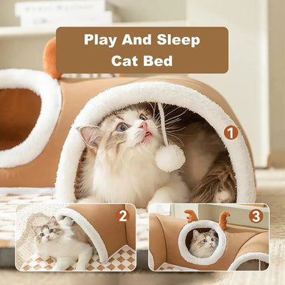 Winter Indoor Warm Plush Cat Bed with Reindeer Appearance Hide